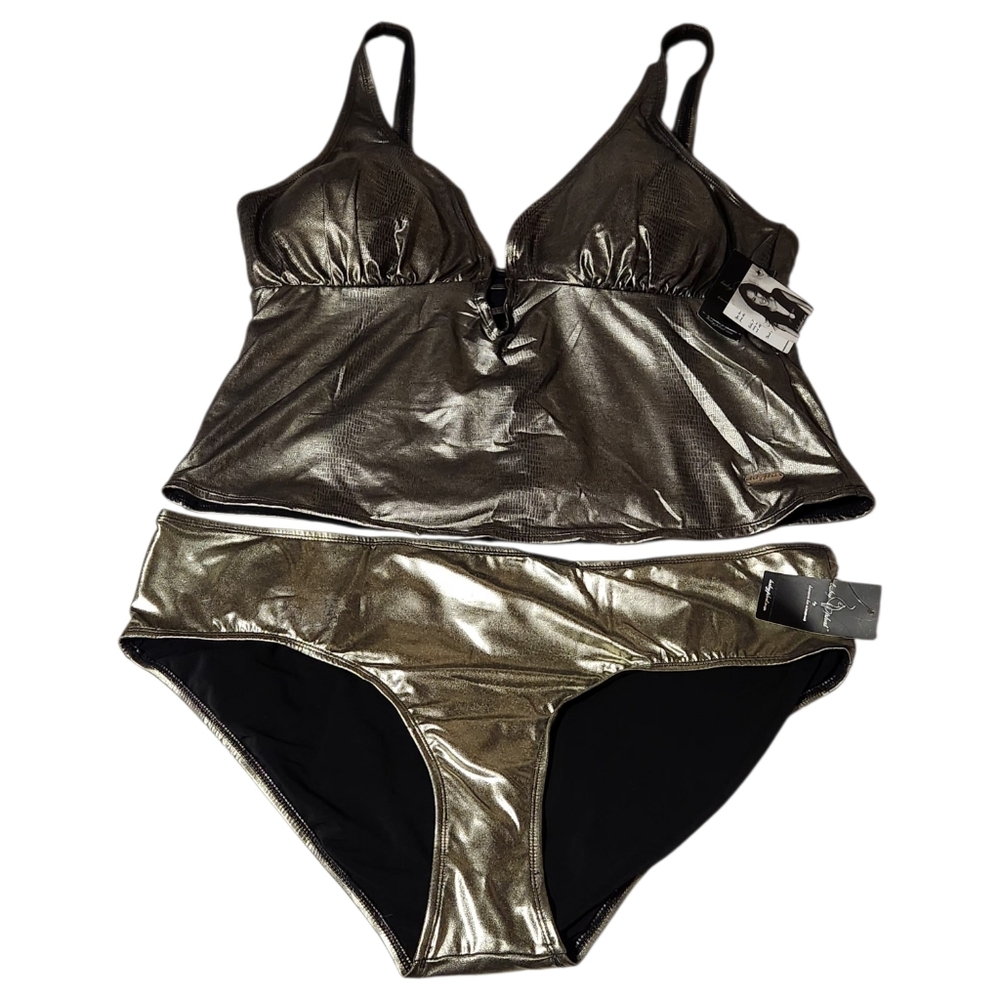 VTG Baby Phat 3X Bikini Set Pewter Snakeskin Metallic Babydoll Top Y2K Plus Size